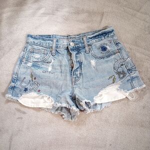 American Eagle Distressed Vintage Hi Rise Graffiti Print Art To Wear Shorts 0